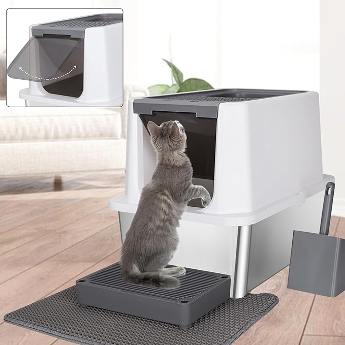 RIZZARI Stainless Steel Cat Litter Box, Odorless Enclosed Litter Box with Top Holes, Large Litter Pan for Small to Large Sized Cats (Dark Gray, 24" L*16" W*18" H)