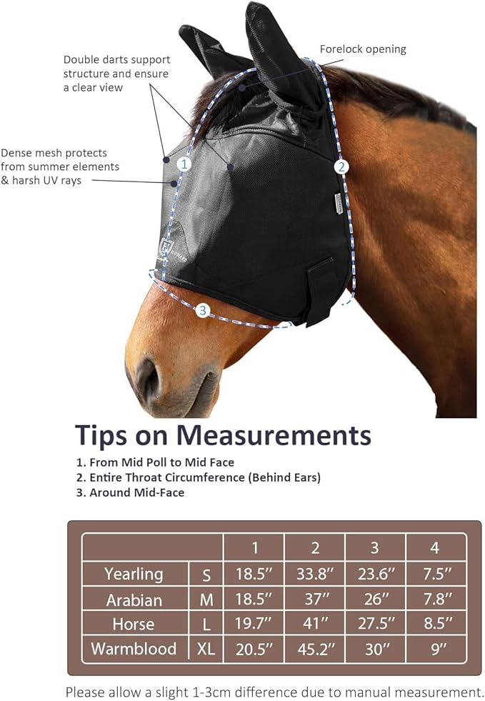 Harrison Howard UV-proof Multi-Function Fabrics Thick Fleece Padding Horse Fly Mask Half Face with Ears Black Yearling Small