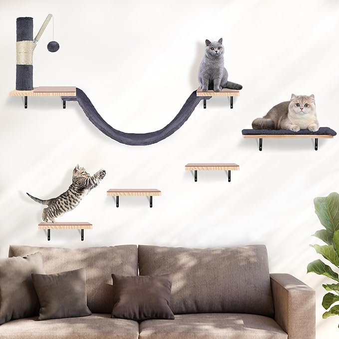 Wall Mounted Cat Climber Set, Cat Wall Shelves,Cat Wall Furniture Set,with Hammock,Jumping Boards,Sofa,Steps,Scratching Post,Hanging Ball and Felt Pads, Suit for Cats Climb, Jump,Scratch-Dark