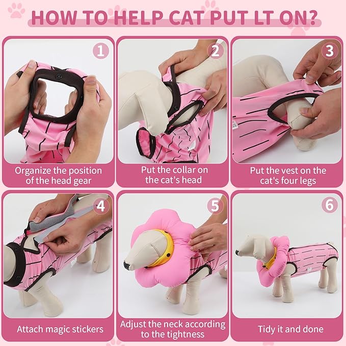 EMUST Cute Cat Recovery Suit & Cone Collar Set - Soft, Adjustable Flower Collar for Female Kittens Under 4lb (Pink, S)