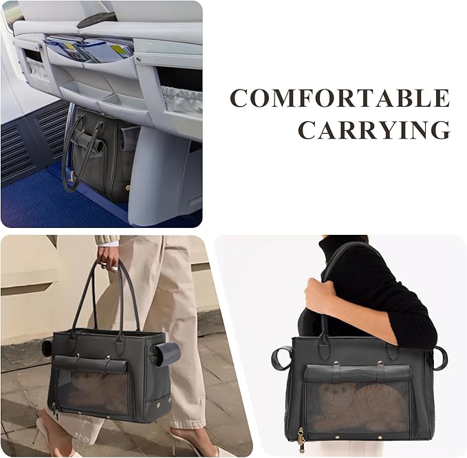 Fashion Pet Carrier Purse for Small Cat and Dog, Luxury Pu Soft-Sided Tote Bag with Large Pockets for Dogs and Puppies (Black, 15.8" L x 7.5" W x 11.8" H)