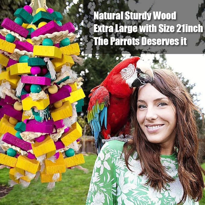 Large Bird Toys, Multi-Color Wooden Block with Bamboo Support Bird Chewing Toy Parrot Cage Bite Toy for Macaws Cokatoos African Grey and Large Medium Parrot Birds