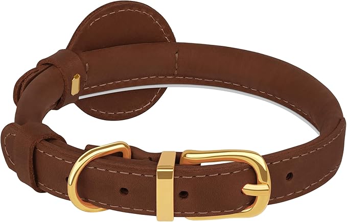 OOPSDOGGY Rolled Leather Dog Collar with Airtag Holder - Reflective Round Airtag Dog Collar - Soft Tracking Pet Collar for Small Dogs Puppy Cats Kitten (Brown, M, 12"-15")