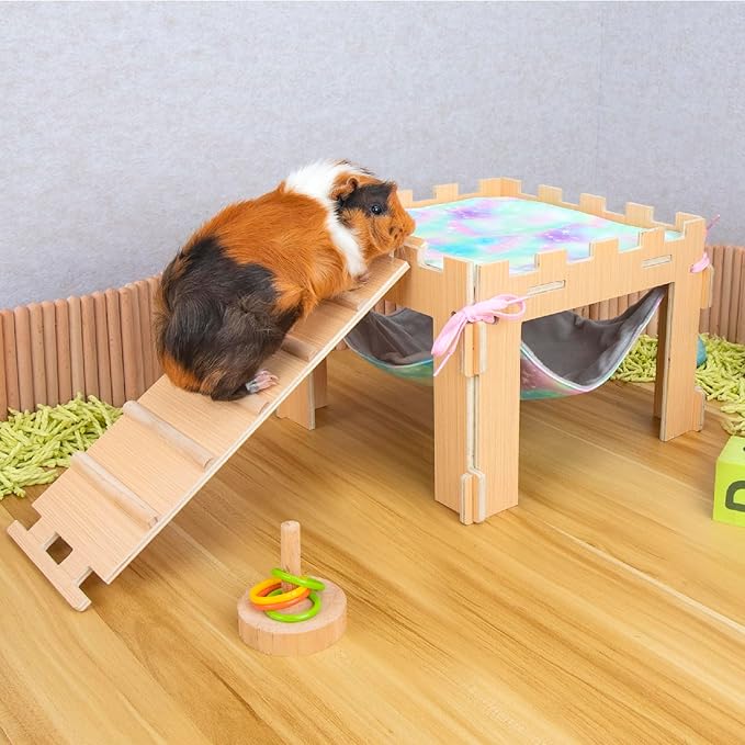 Guinea Pig Hammock with Platform and Ramps,Wooden Small Animal Hideout with Waterproof Coating Mat Hammock,Guinea Pig Cages Accessories Toys Hiding Playing,Easy to Clean(Double)