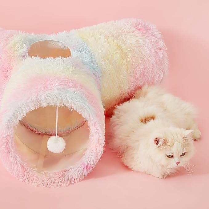 Tempcore Plush Pet Cat Tunnel Tube Cat Toys 3 Way Collapsible, Tunnels for Indoor Cats,Kitty Tunnel Bored Pet Toys Peek Hole Ball Puppy, Kitty, Kitten, Rabbit Rainbow