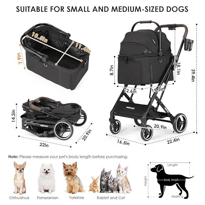 X2 Pet Stroller, Dog Cat Stroller for Small Pets Under 44lbs, Equipped with Detachable & Foldable Carrier, Waterproof Pad & Sunshade Canopy,Camel (Black)