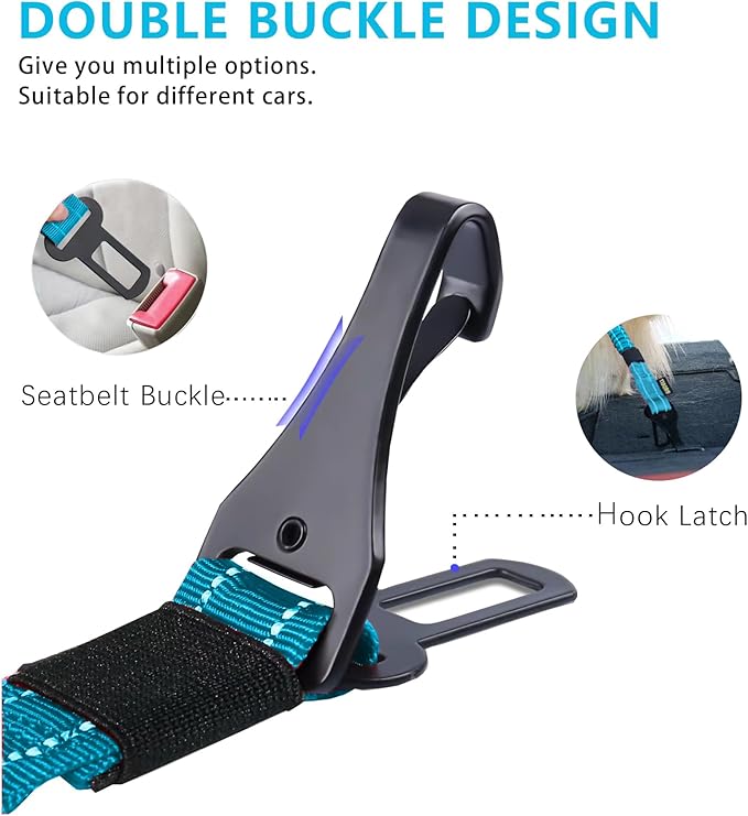 AUBELL Dog Seat Belt for Car,2 Pack Set 3-in-1 Adjustable Reflective Bungee Heavy Duty Dog Car Harness Tether with Clip Hook Latch & Buckle,Swivel Zinc Alloy Carabiner,Black+Blue