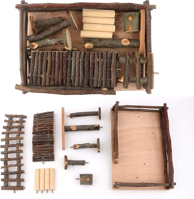 HOSUKKO Hamster Climbing Toys Wooden Hamster Playing Activity Set, Hamster Activity Playground Climb Platform Apple Wood Chewing Toys for Hamster Small Pets (D-Playground with Large Bridge)