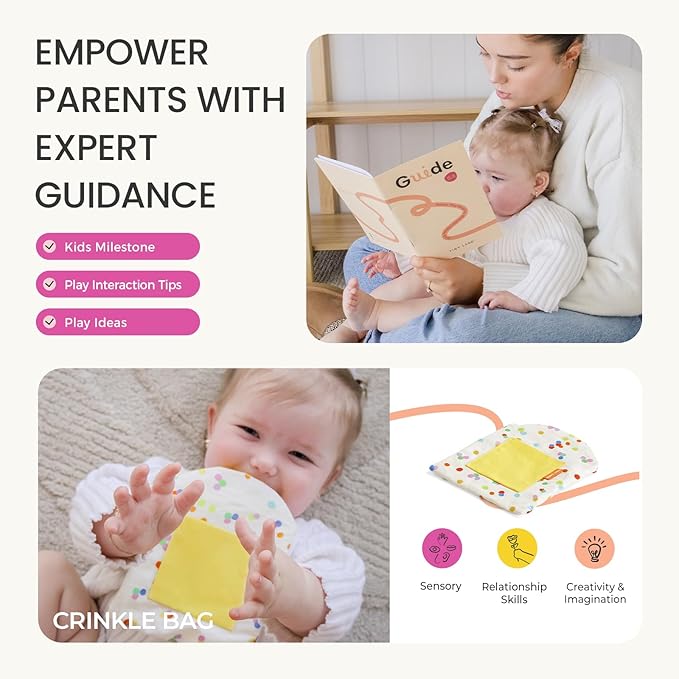 Tiny Land Montessori Toy Set for Babies 1 Year Old Thinker Play Kit- 5-in-1 Wooden Learning Toys with Peg Drop Box, Rocking Stacker, Egg Cup, Canister Set, and Crinkle Bag