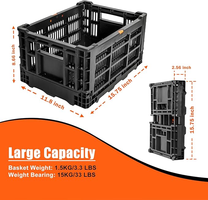 YEEGO DIRECT Bike Basket Rear, Folding Large Capacity Rear Bike Baskets, Collapsible Bicycle Storage Bike Milk Crate Rear Rack,Waterproof Cover for Shopping,Outings,Pets E-Bike Accessories (Black)