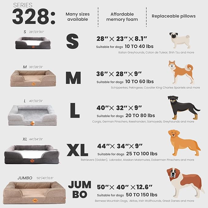 Laifug Large Orthopedic Premium Memory Foam Dog Bed, Dog Sofa with Washable and Removable Suede Cover, Waterproof Liner and Non-Slip Bottom Light Brown, X-Large(44''x34''x9'')