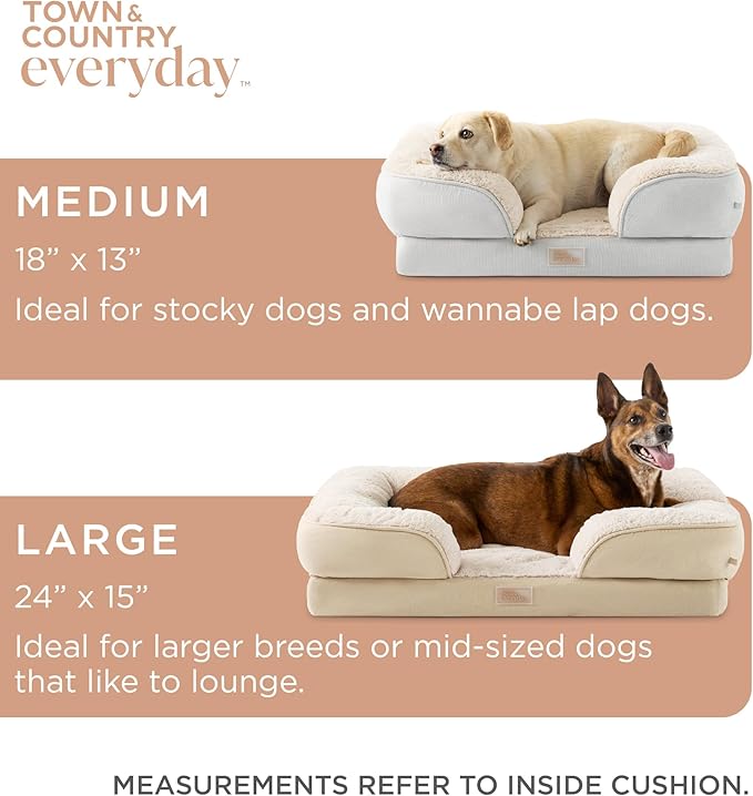 TOWN & COUNTRY EVERYDAY CuddleTown Comfy Solid Bolster Sofa Pet Bed, Supportive & Calming Egg Crate Foam, Non-Slip Bottom, Machine Washable Cover, Beige, Large 35"x25"x8"