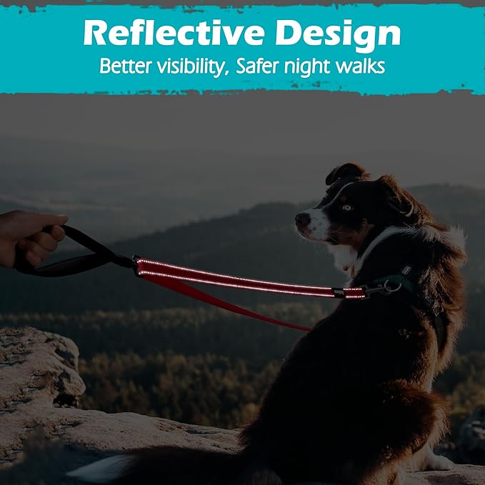 PetBonus Two Point Control Dog Leash, Works with No Pull Harnesses, No Tangle Dog Training Leashes, No Pull Padded and Reflective Walking Lead,Converts to Single Leash for Medium Large Dogs (Red)