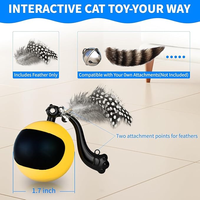Interactive Cat Ball Toy with Remote Control, Automatic Moving Cat Toys Ball with Feather Tail, Electric Puzzle Toy for Chasing and Hunting (Yellow)