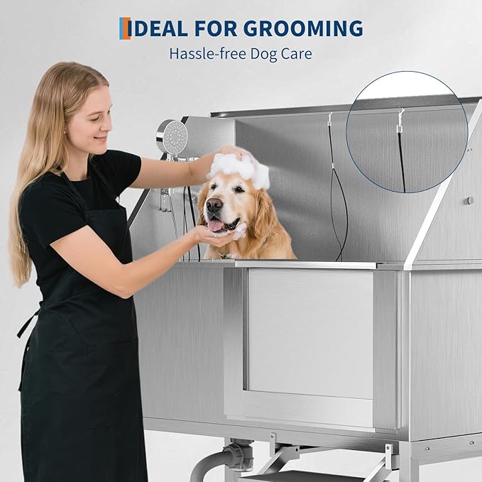 50" Stainless Steel Professional Dog Washing Station - Pet Bathing Tub w/Non-Slip Stairs | Slip-Resistant Floor Grate | for Large/Medium/Small Dogs