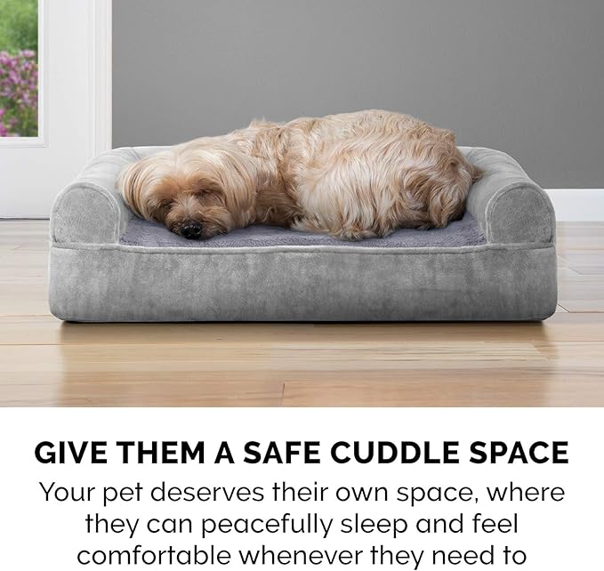 Furhaven Cooling Gel Dog Bed for Large/Medium Dogs w/ Removable Bolsters & Washable Cover, For Dogs Up to 55 lbs - Faux Fur & Velvet Sofa - Smoke Gray, Large