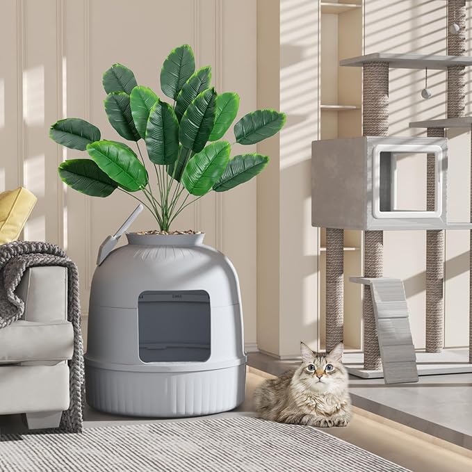 Lifewit Litter Box with Faux Plant & Scoop for Large Cat, Hidden Corner Enclosure Litter Tray with Odor Control & Carbon Filter in Living Room/Bedroom/Bathroom, Grey