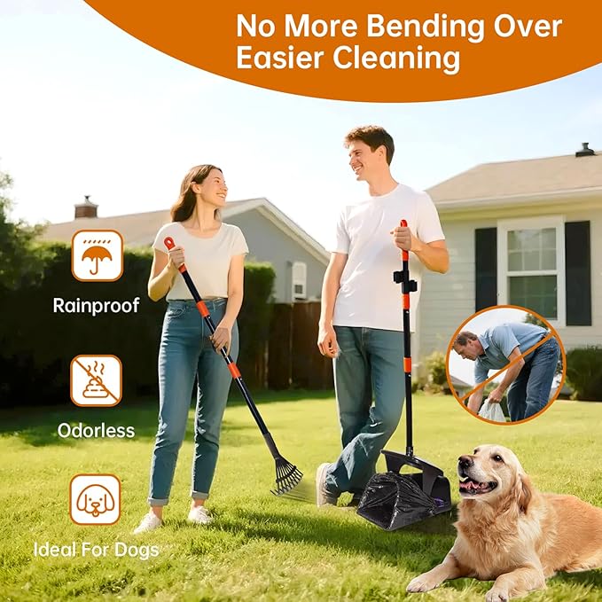 Dog Pooper Scooper with Bags & Dispenser - 37.4" Long Durable Metal Handle Swivel Bin & Rake & Spade Kit, Large Capacity Portable Pooper Scooper for Yards,Easy to Assemble