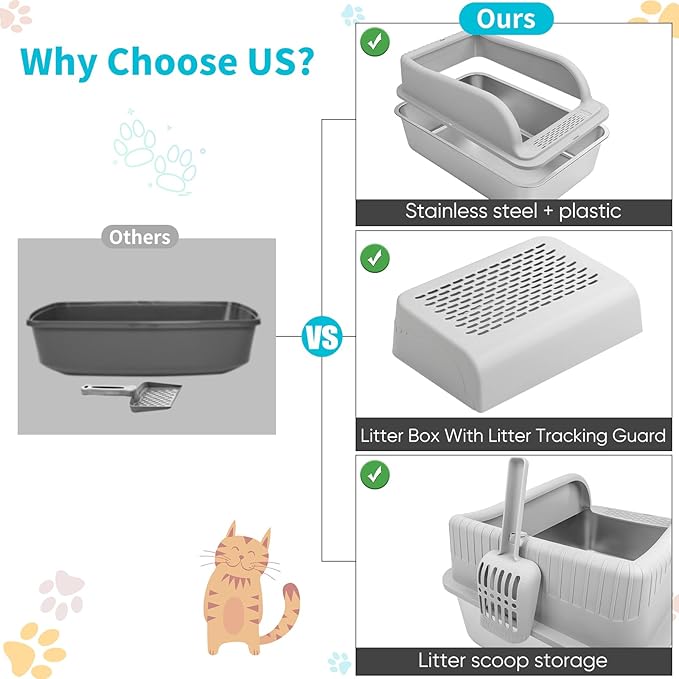 XL Stainless Steel Cat Litter Box with High Sided Lid for Big Cats, 23.5"L x 15.5"W x11.8"H, Metal Kitty Litter Tray with Scoop and Filter Pedal, Leak-Proof,Odorless,Non-Stick,Easy Cleaning