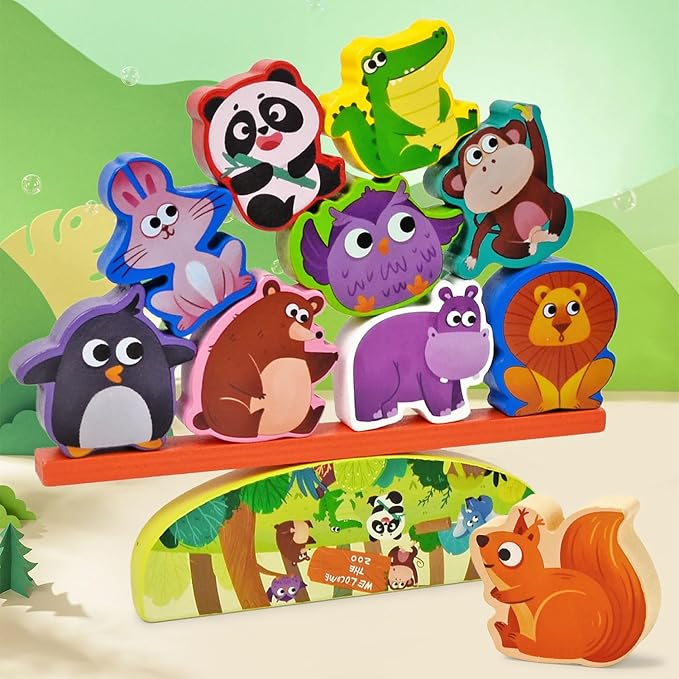Vileafy Montessori Wooden Animal Toys for 3 4 5 Year Old Boys and Girls, 10 Pack Balance Blocks with Beam & Base, Toddler Stacking Toys Games, Educational Preschool Toys for Birthday Gifts