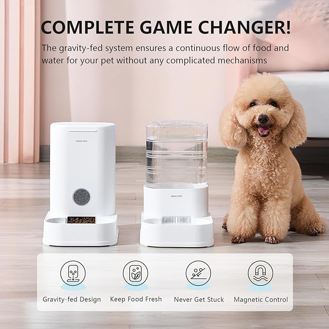 PAWGETHER® 2 Pack Gravity Cat Feeder and Water Dispenser 1 Gallon/3.5L Automatic Cat and Dog Feeder and Waterer with Pet Food Bowl for Puppy Kitten