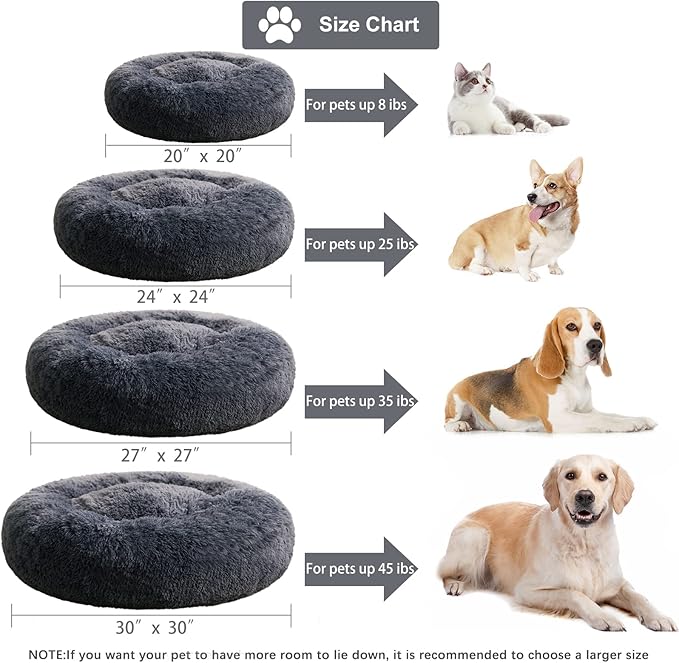 WNPETHOME Calming Dog Bed & Cat Bed, Anti-Anxiety Donut Small Dog Beds, Fluffy Faux Fur Cat Cushion Dogs Beds for Small Dogs and Cats (20 x 20 x 8 Inch, Navy Grey)