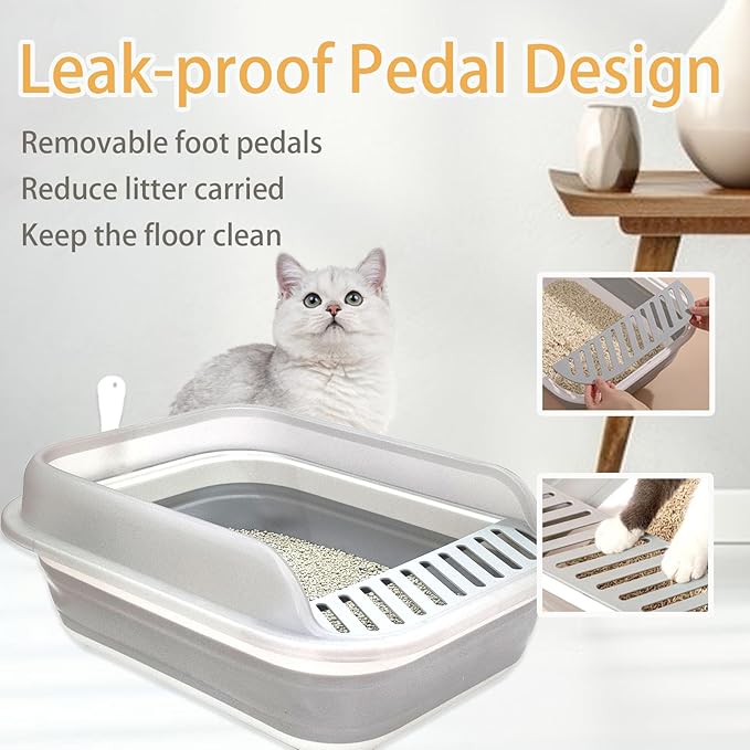Collapsible Kitten Litter Box, Open High Sided Cat Potty Pan with Scoop Shallow Cat Toilet Anti-Splashing Low Entrance Travel Litter Box with Falling Sand Pedal for Kitty to Senior Cats