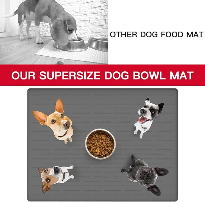 32" x 24" Large Pet Food Mat, Silicone Dog Mats for Food and Water, Nonslip Pet Feeding Mats for Floors,Dog Cat Bowl Mat with Raised Edges, Gray Green