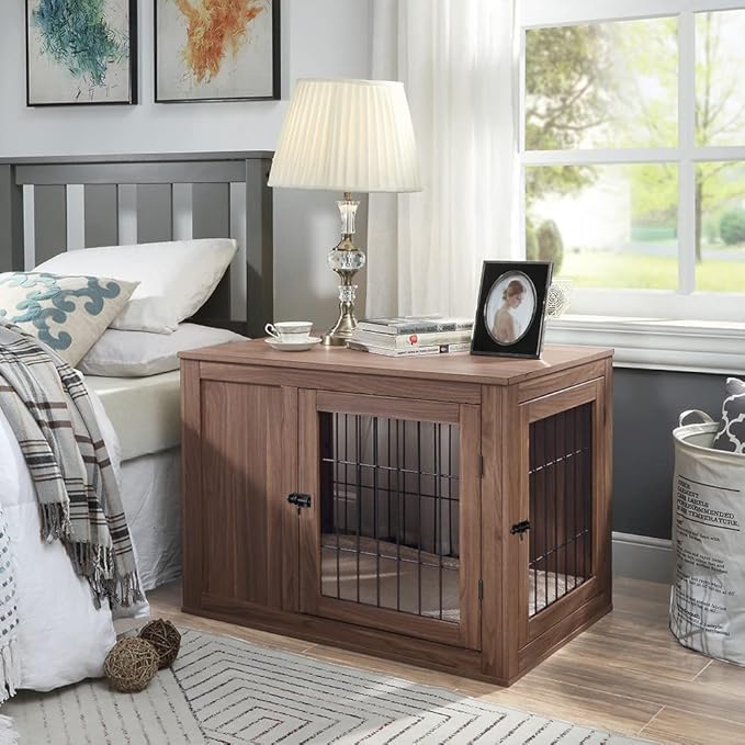unipaws 36 Inch Furniture Style Dog Crate End Table with Cushion, Wooden Wire Pet Kennels with Double Doors, Medium Dog House Indoor Use (Walnut, Medium)