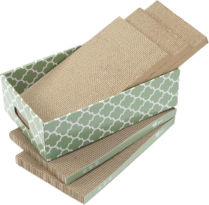 MECOOL Cat Scratching Board,5PC Cat Scratch Pad with Box,Reversible Corrugated Cat Scratcher Cardboard and Lounge Bed for Indoor Cats, Catnip