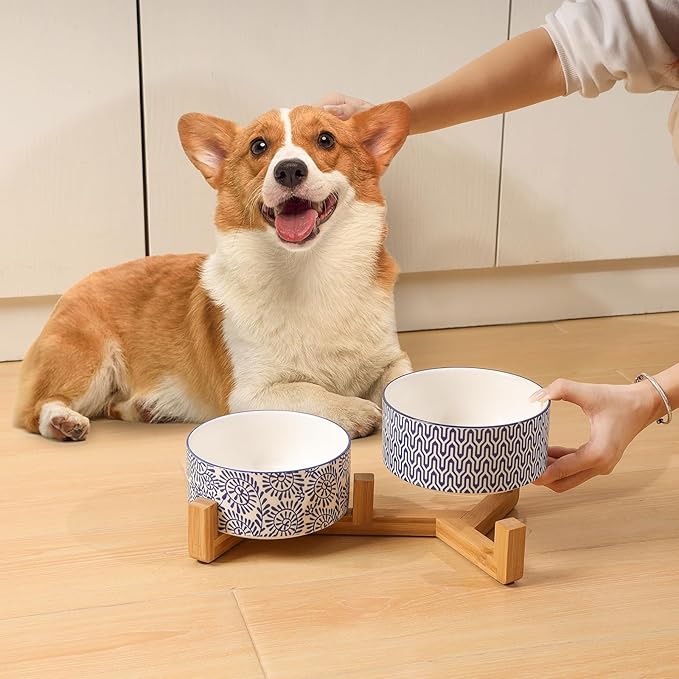 Selamica Ceramic 30 OZ Dog Bowls, Dog Food and Water Bowls with Wooden Stand, Anti-Slip Dog Dishes Set for Cats Small & Medium Sized Dogs, Weighted Pet Bowls Set of 2, Vintage Blue B