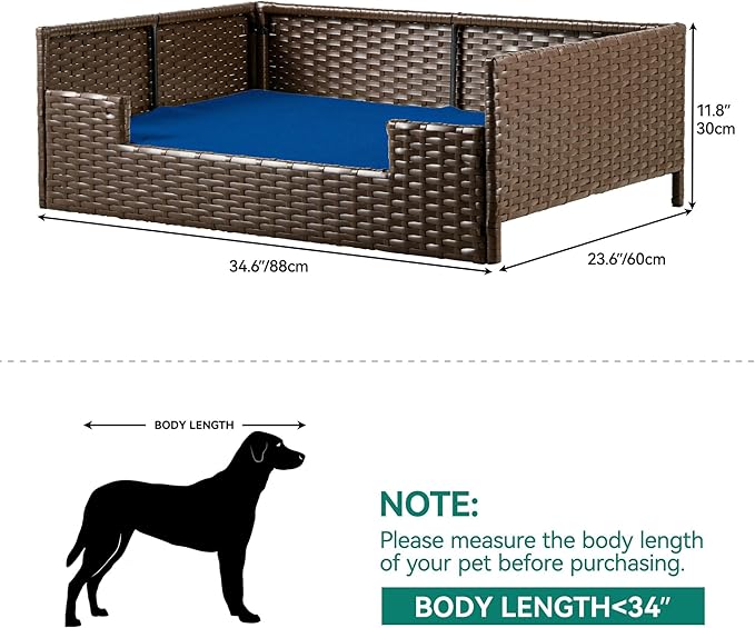 YITAHOME Rattan Dog Sofa Bed with Cushion,Wicker Pet Bed Sofa Couch Indoor Outdoor Water Resistant for Large Medium Small Dogs Cats (34.6''L*23.6''W*11.8'',Blue)
