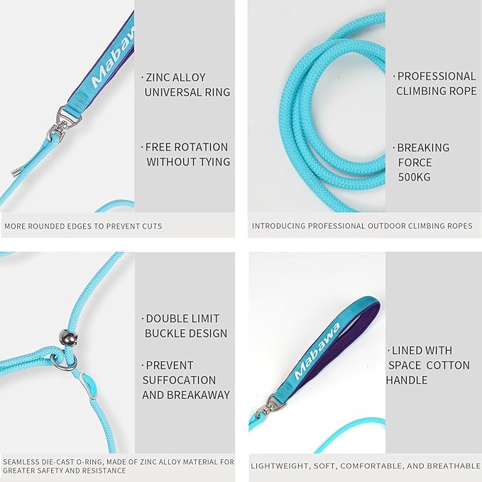 Dog Anti-Slip Leash 5FT with Metal Stopper - Durable No-Pull Training Lead for Small, Medium & Large Dogs - Comfortable Handle Nylon Rope, Tangle-Free Pet Walking Leash (Lake Blue, 5 FT)