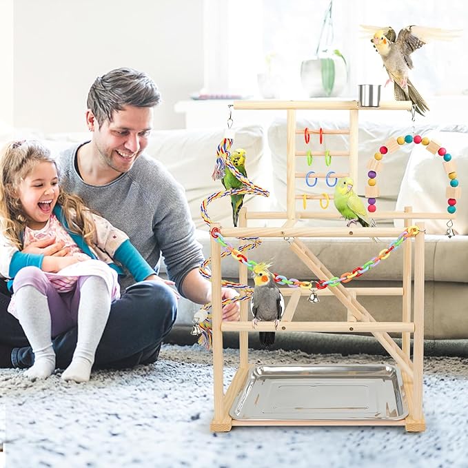 Bird Playground, Parrots Playstand for Small to Medium Birds, Perch Stand with 3 Ladders Playgym with Rope Perch, Swings Feeder Cups Bird Cage Accessories for Conure Cockatiel Lovebirds