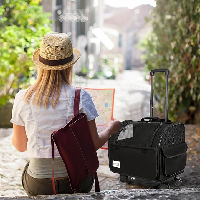 Dog Travel Bag with Removable Rolling Wheels, Airline Approved Pet Carrier, Foldable Cat Bag with Breathable Mesh, Pet Stroller(Black)
