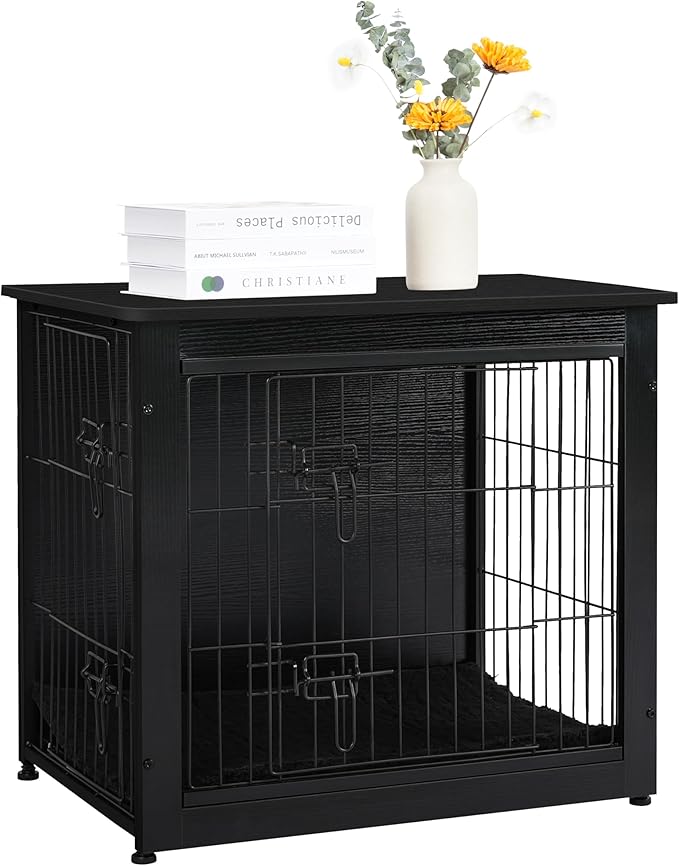 DWANTON Dog Crate Furniture with Cushion, Wooden Kennel Table with Double Doors, Indoor Dog House, Small/Medium/Large Size, 27.2" L, Black