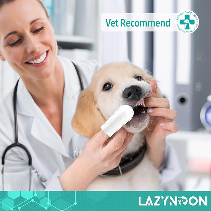 LAZYNOON Dog Teeth Cleaning Wipes - Dog Dental Wipes, Pet Dental Finger Wipes for Dogs & Cats Teeth with Brushing Beads, Removes Plaque and Tartar Buildup, Freshens Breath, 60 Count