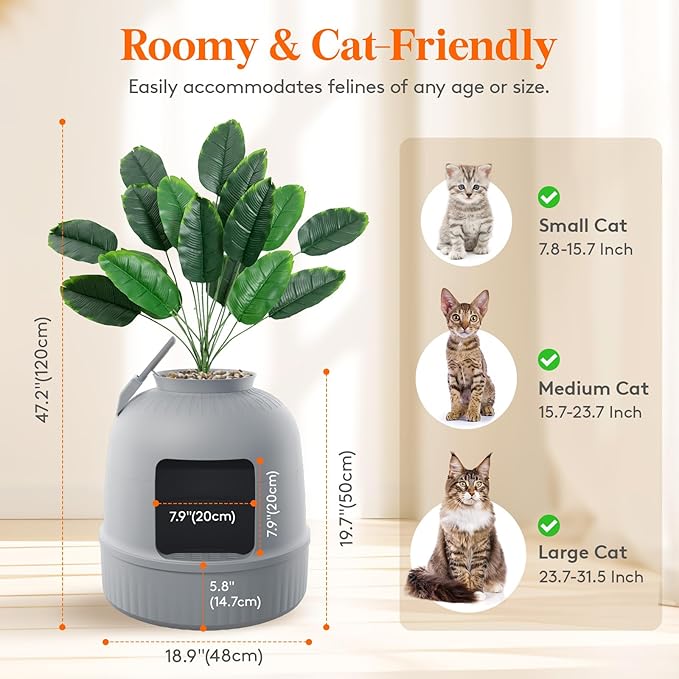 Lifewit Litter Box with Faux Plant & Scoop for Large Cat, Hidden Corner Enclosure Litter Tray with Odor Control & Carbon Filter in Living Room/Bedroom/Bathroom, Grey