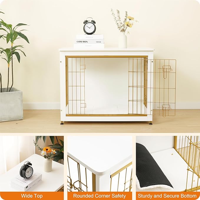 DWANTON Dog Crate Furniture with Cushion, Wooden Kennel Table with Double Doors, Indoor Dog House, Medium Size, 32.5" L, White