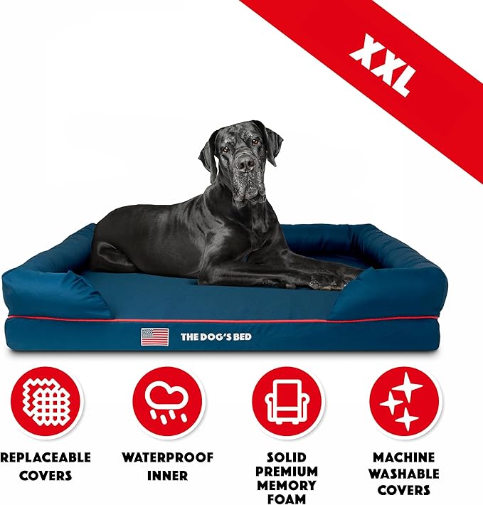 The Dog’s Bed, XXL Blue Oxford with Red Trim USA Flag Dog Bed 51.5x39, Memory Foam, Pain Relief: Arthritis, Post Surgery, Lameness, Supportive, Calming, Waterproof Washable Cover, Veterinary Approved