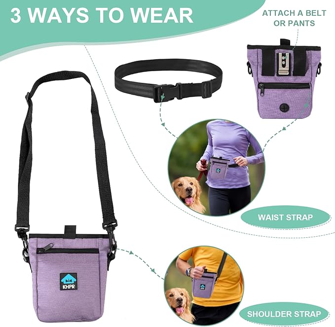 Dog Treat Pouch Magnetic Closure with Training Clicker,Hands-Free Design to Prevent Spills,Built in Poop Bag Dispenser,3 Ways To Wear,Metal Clip Waist Belt and Fanny Pack for Pet Walking(Purple)