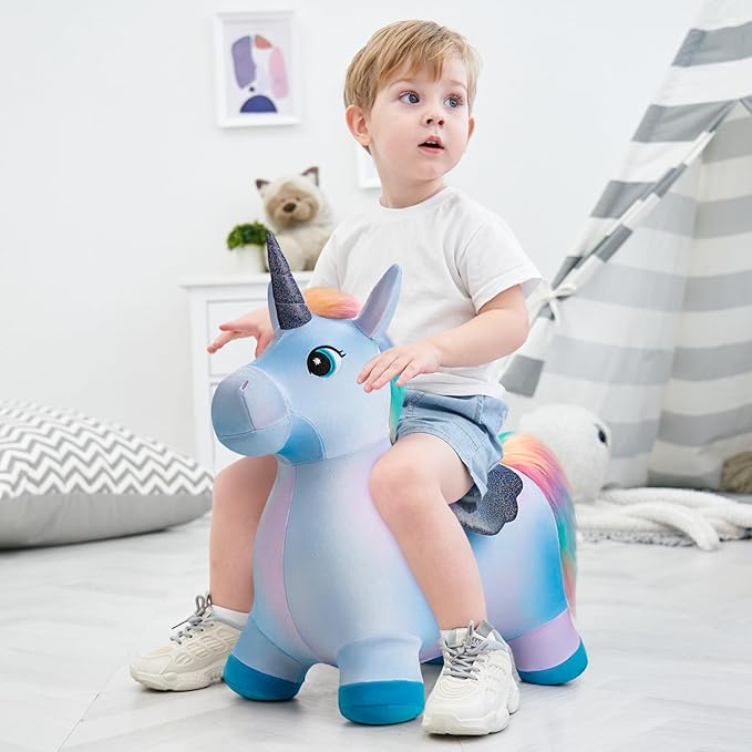 EVERICH TOY Unicorn Bouncy Horses Inflatable Plush Hopping Toy Bouncing Hopper Animals for Toddlers,Outdoor&Indoor Bouncy Animals for Toddlers,Gift for 18 Months 2 3 4 Year Old (W/Pump)