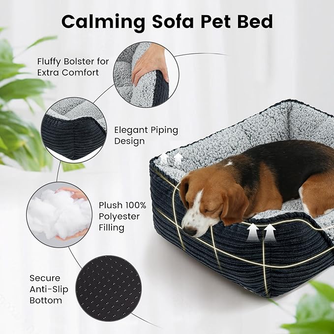 Miguel Washable Dog Bed with Removable Cushion for Medium Small Dogs, Easy to Wash Pet Sofa Bed with Side, Rectangle Bolster Cat Bed Calming Cuddle Puppy Bed with Anti-Slip Bottom, Black 25 Inch