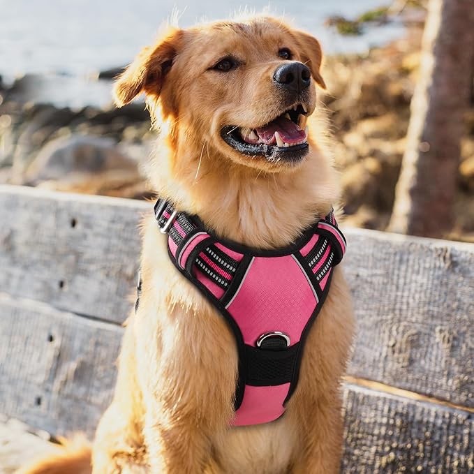rabbitgoo Dog Harness for Large Dogs, No Pull Pet Vest with 3 Buckles, Adjustable Soft Padded Pet Harness with Easy Control Handle and Reflective Strips, Pink, XL