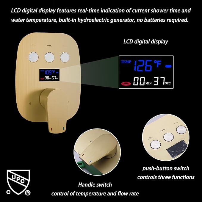 Temperature Display Brushed Gold Shower System Set, Push Button Shower Faucet with 12 inch Ceiling Mount Shower Head and 8 inch Wall Mount Shower Head, with Handheld Shower