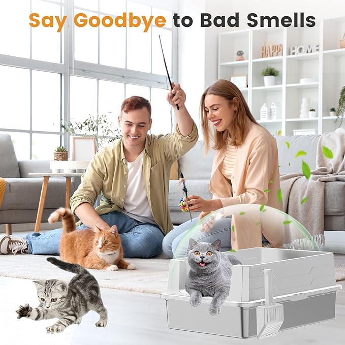 XXXL Stainless Steel Litter Box,Extra Large 28" L x 20" W Metal Litter Box for Big Cats & Multiple Cats with High Sided, Anti-Urine Leakage, Non-Sticky, Easy Cleaning, Include Scoop(White