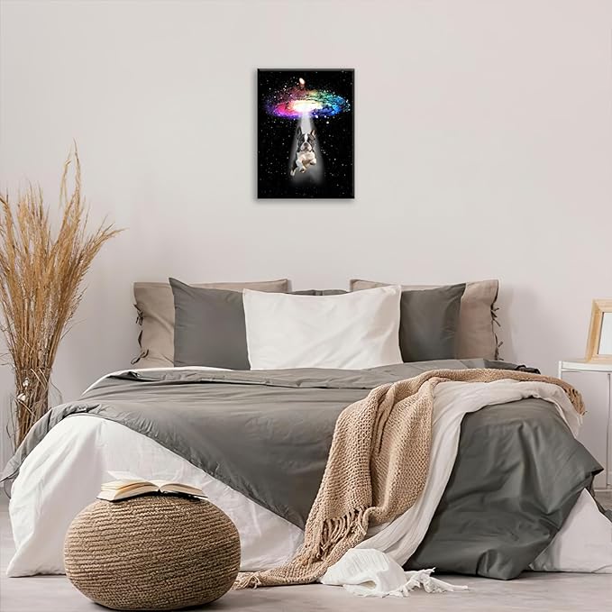 Funny Dog Wall Art Canvas Boston Terrier Wall Decor Prints Framed Painting Bulldog Galaxy Pictures Gifts Artwork for Bathroom 12"x16"