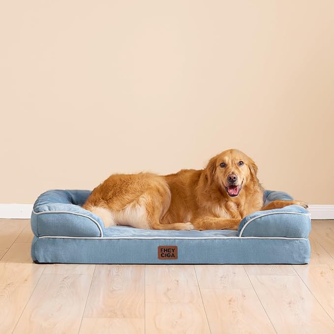 EHEYCIGA Orthopedic Dog Beds for Large Dogs, Waterproof Memory Foam Large Dog Bed with Sides, Non-Slip Bottom and Egg-Crate Foam Pet Couch Bed with Washable Removable Cover, Washed Blue