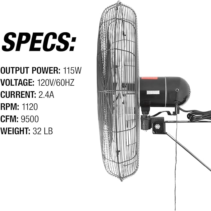 OEMTOOLS OEM24884 30 Inch Oscillating Wall Fan, 9500 CFM Max. Garage 90 Degree Mounted Fan with 6 Ft. UL Listed Cord