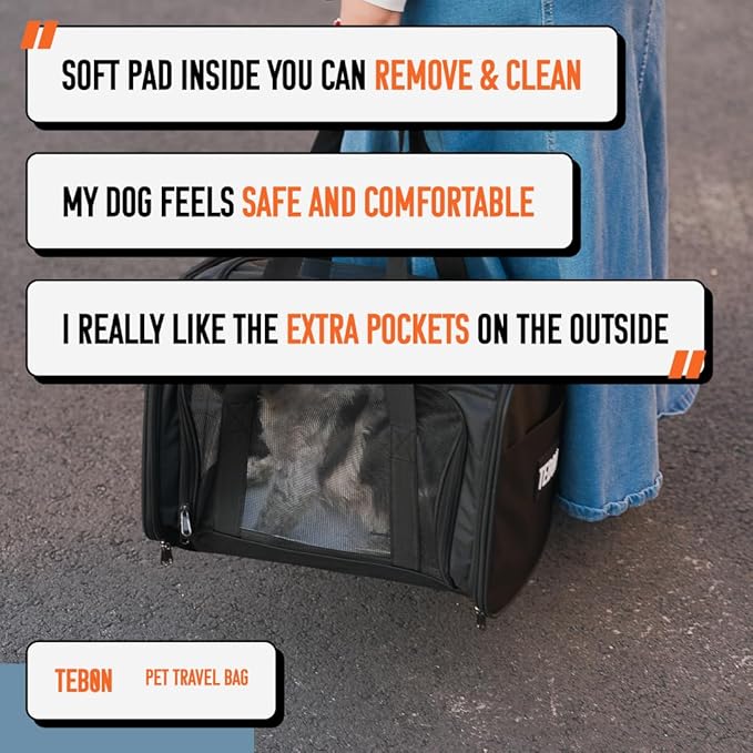 17.5" Pet Travel Carrier Bag - Collapsible Cat & Dog Carrier - Breathable, Durable & Spacious - Fits Small and Medium Pets up to 15lbs - Pet Travel Bag by Tebon
